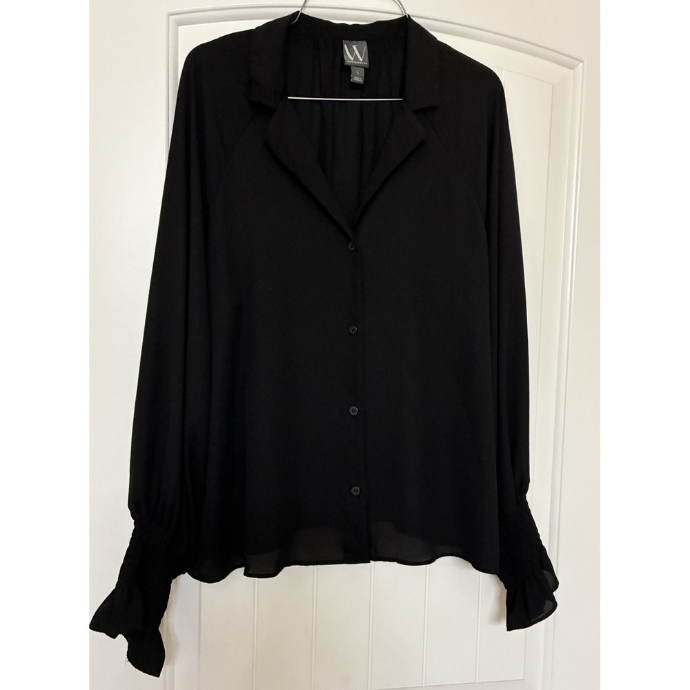 Worthington Black Sheer Ruffle Sleeve Button Front Blouse Size L